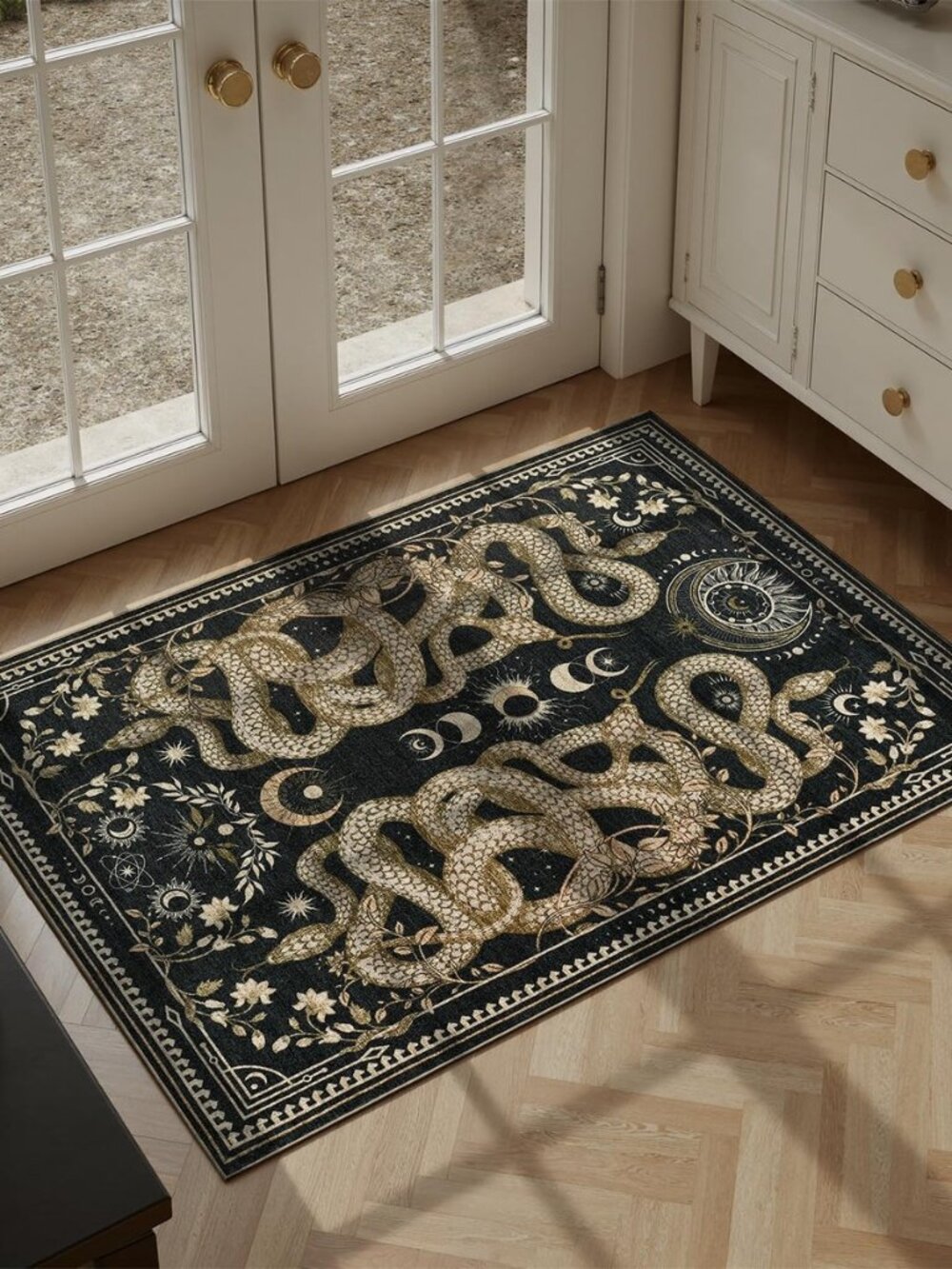 2x3 Washable Snake Rug for Living Room, Non Slip Low Pile Rug, Black